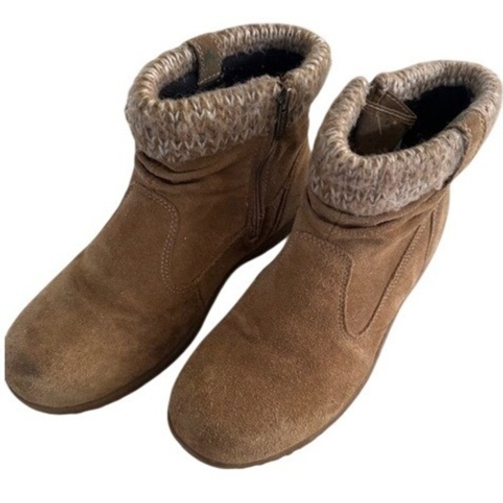 Khombu Women's Tan Suede Knit Cuff Winter Ankle Boots Side Zip size 10